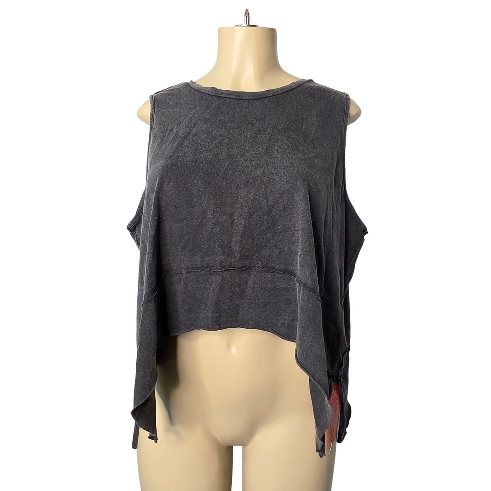 Flowy Tank Top Women L Grey Bohemian Mineral Wash Raw Hem Asymmetrical Crop NEW